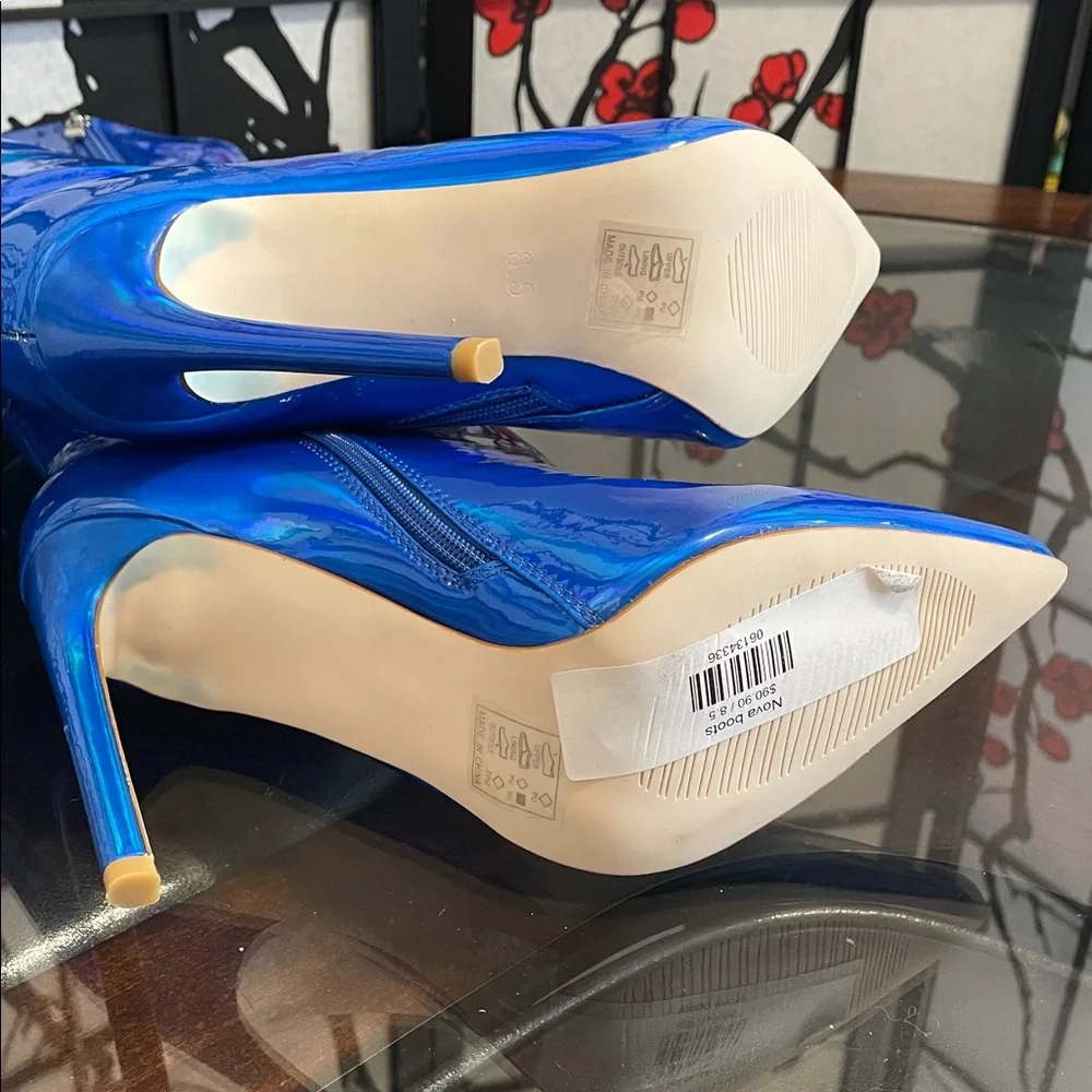 Nova Patent Knee-High Stiletto Boots in Vibrant Blue with 4.5” heels